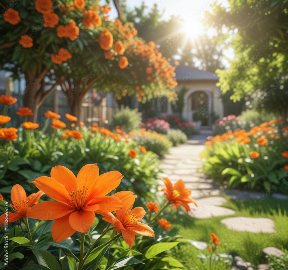 Vibrant orange flower blooms in a sunny garden, flower field, yellow flowers Vibrant orange flower blooms in a sunny garden, flower field, yellow flowers