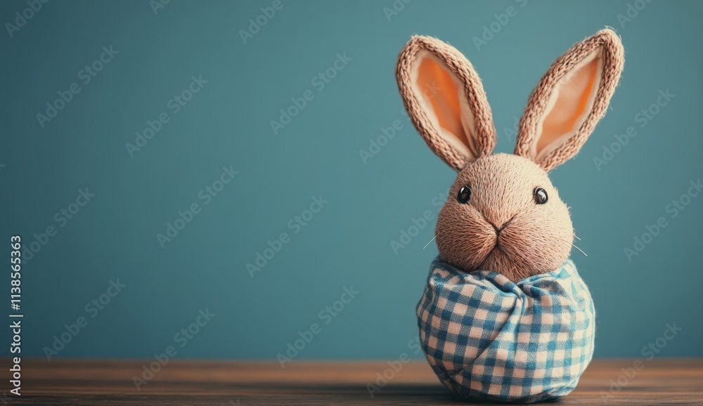 Fototapeta premium Cute orange checked bag shaped like an Easter bunny on wooden table against blue wall