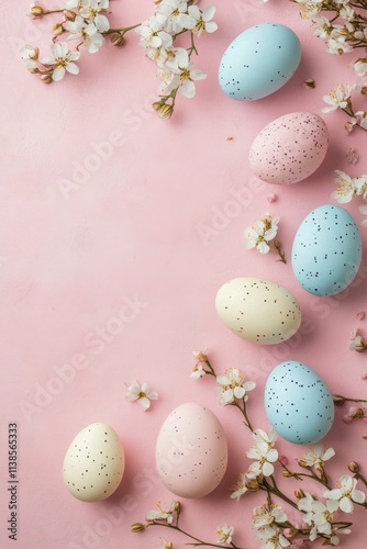 Colorful Easter eggs with flowering branches on a pink background create a festive display