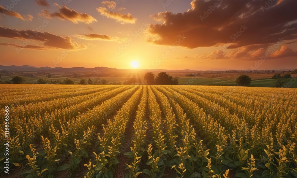 Warm tones and golden hues of a breathtaking sunset spill across a lush field of ripe soybeans, breathtaking, sunset Warm tones and golden hues of a breathtaking sunset spill across a lush field of ripe soybeans, breathtaking, sunset