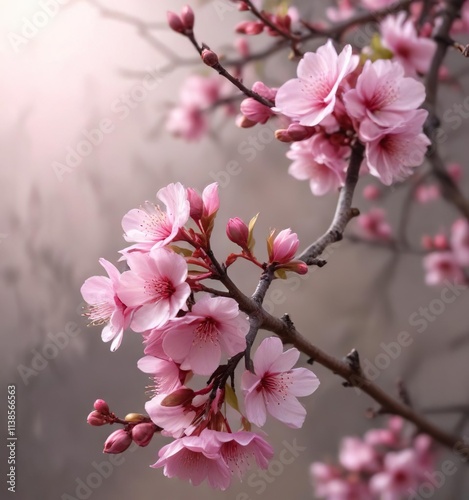 delicate pink blossoms unfurl on a bare branch , garden scene, spring blossom photo