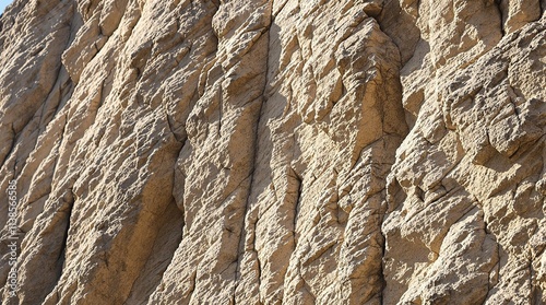 Jagged cliff face, mineral deposits, harsh sunlight, closeup, rugged texture photo