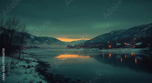 Majestic mountains reflect in tranquil water during twilight in a serene landscape