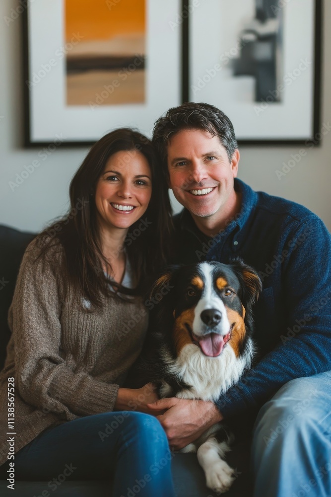 Couple happily poses with their black dog in a cozy indoor setting during a joyful afternoon Couple happily poses with their black dog in a cozy indoor setting during a joyful afternoon