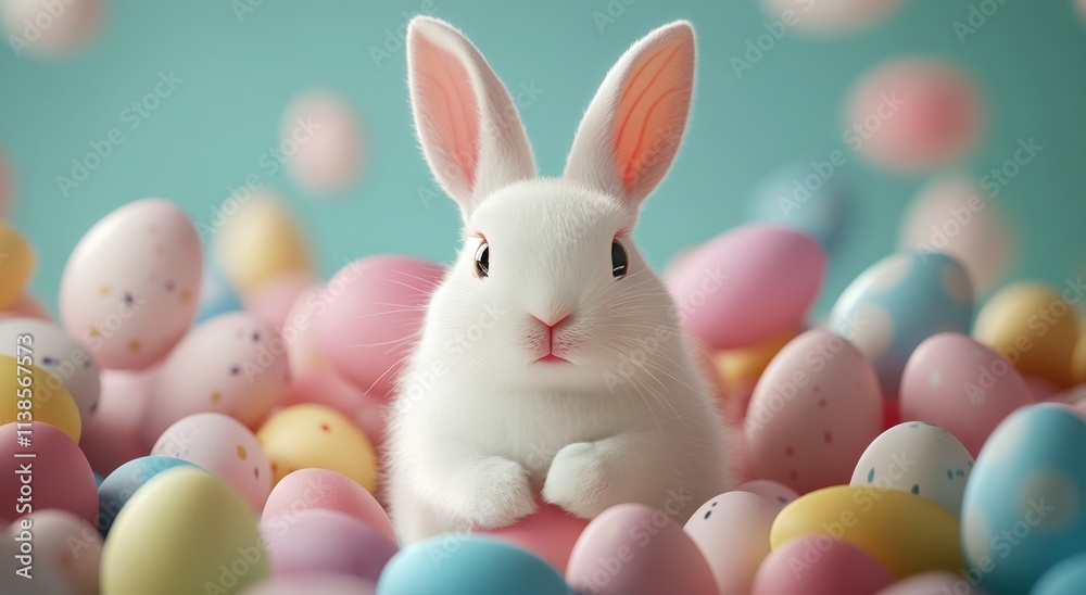 Cute white rabbit among pastel colored eggs in a joyful spring setting Cute white rabbit among pastel colored eggs in a joyful spring setting