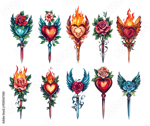 Flash tattoo cartoon concepts. Sharp blade rose flower blossom winged heart straight razors knife fire flame, old vintage retro classical style designs isolated illustration on white background