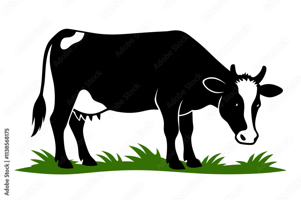 Fototapeta premium Cow Grazing on Grass Peaceful Farm Scene on White Background