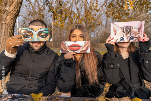 portrait of a group of people having fun showing a fantasy image partially covering their face in a public park in winter photo