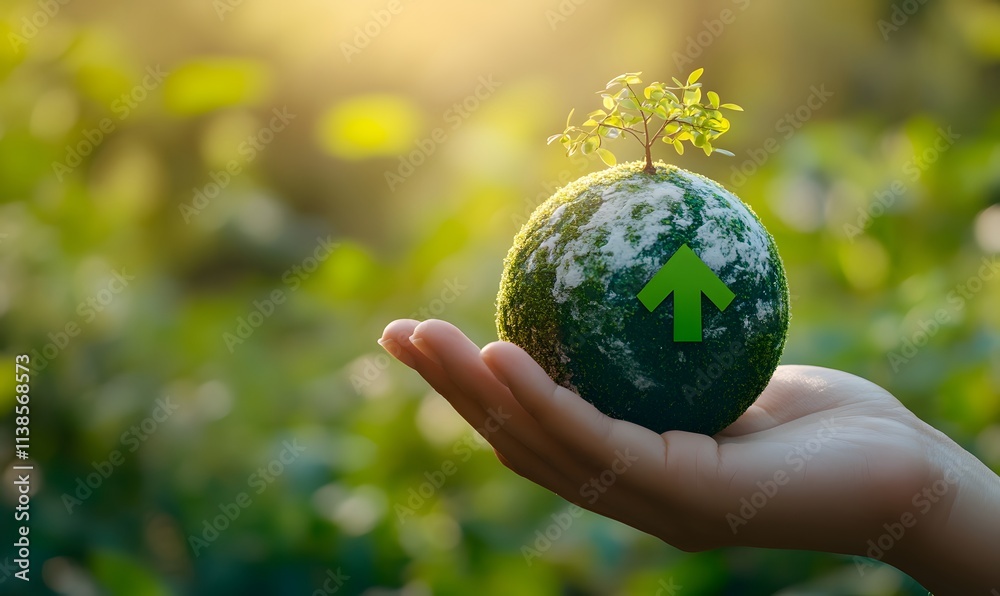 A hand presenting a green CO2 emissions symbol with a miniature Earth sprouting trees and plants A hand presenting a green CO2 emissions symbol with a miniature Earth sprouting trees and plants