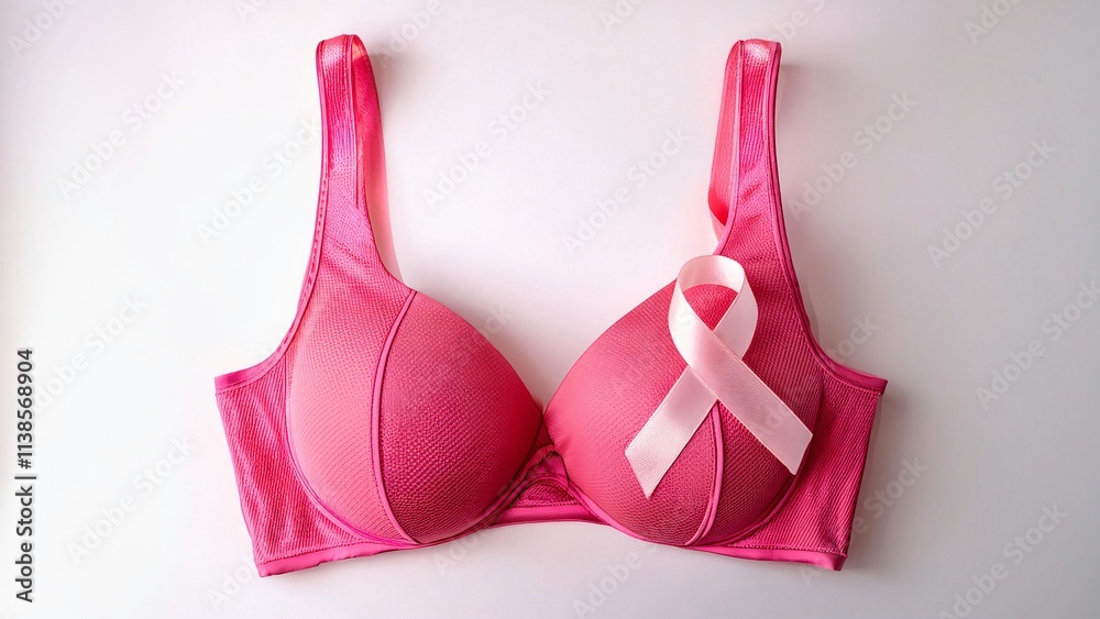 Top view photo of pink ribbon symbol of breast cancer awareness attached to pink bra on isolated white background with copyspace Top view photo of pink ribbon symbol of breast cancer awareness attached to pink bra on isolated white background with copyspace