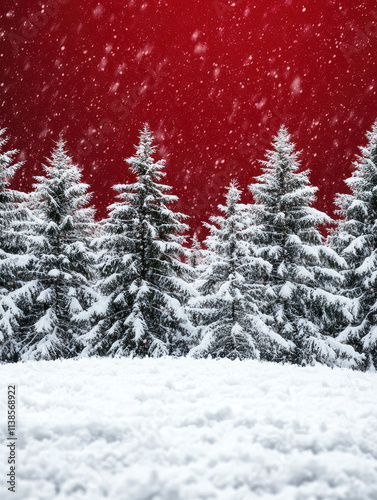 A Tranquil Snowy Winter Wonderland with Snow Falling Gently on Evergreen Trees in a Serene Red Background, Perfect for Christmas and Seasonal Celebrations