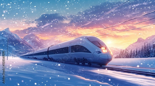 A high-speed train slicing through a frozen landscape, with snow-covered mountains in the distance and snowflakes falling steadily from the sky