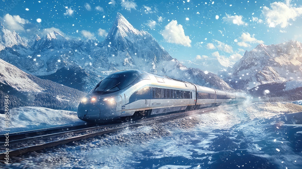 Obraz premium A high-speed train slicing through a frozen landscape, with snow-covered mountains in the distance and snowflakes falling steadily from the sky