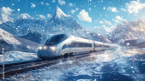 A high-speed train slicing through a frozen landscape, with snow-covered mountains in the distance and snowflakes falling steadily from the sky