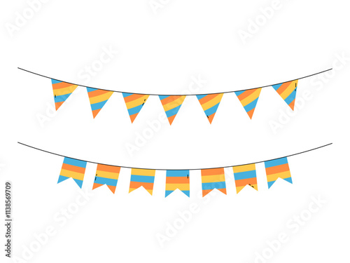 Festive flag banners vector illustration. Isolated colorful striped hanging flags party decoration. Cute design elements for Birthday and other celebrations, events, holidays