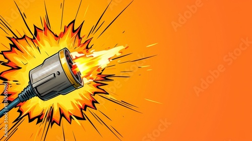 Fiery Electrical Spark Erupting from Plug with Dynamic Burst Background Illustrating Power and Energy Concept in Vibrant Orange and Yellow Color Scheme