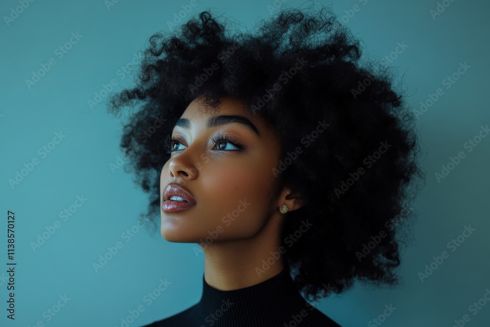 Stunning Portrait of a Young Woman with Natural Curly Hair Against a Soft Blue Background Stunning Portrait of a Young Woman with Natural Curly Hair Against a Soft Blue Background
