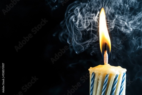 Single Birthday Candle Burning Brightly with Blue Stripes Against a Dark Background Filled with Soft Smoke, Creating a Festive and Celebratory Ambiance photo