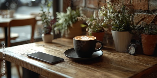 Wallpaper Mural Coffee cup beside smartphone on wooden table in cozy cafe setting in the afternoon Torontodigital.ca