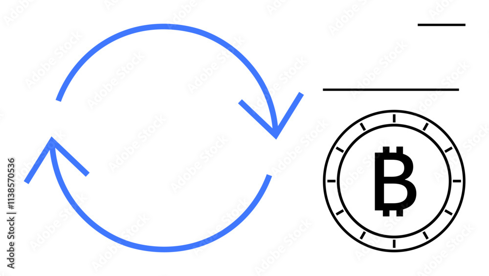 Circular arrow indicating exchange process next to a Bitcoin coin icon. Ideal for finance, cryptocurrency, blockchain, digital transactions, fintech, online payments, financial technology. Line Circular arrow indicating exchange process next to a Bitcoin coin icon. Ideal for finance, cryptocurrency, blockchain, digital transactions, fintech, online payments, financial technology. Line