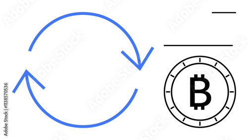 Circular arrow indicating exchange process next to a Bitcoin coin icon. Ideal for finance, cryptocurrency, blockchain, digital transactions, fintech, online payments, financial technology. Line