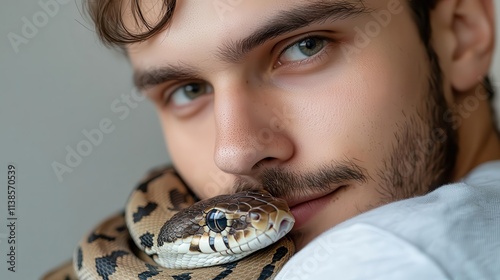 A young man with his snake wrapped around his arm, bold lighting, minimalistic backdrop, adventurous and unconventional pet owner. photo