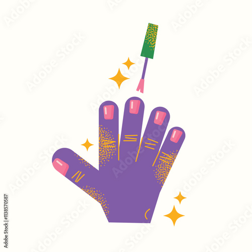 Nail care tools set manicure accessories hands with polished nails. Colorful flat illustration of nail scissors, polish bottles, cuticle nippers, files. Nail care and beauty concept