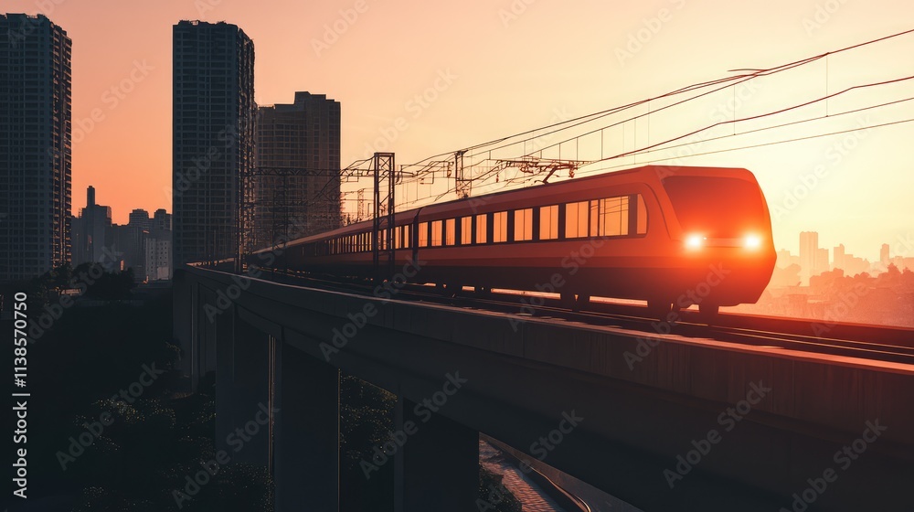 Fototapeta premium A high-speed train speeding across a concrete bridge with the city skyline in the background and the train motion adding energy to the scene