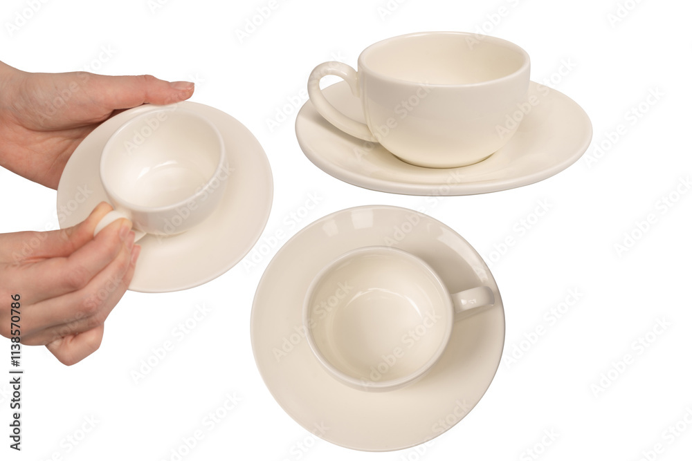 Female hand holding coffee cup and saucer isolated on white background. Female hand holding coffee cup and saucer isolated on white background.