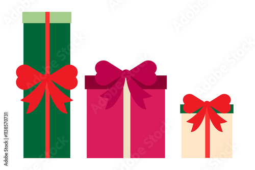 Colorful Christmas gift boxes with ribbons and bows. Three presents in green, pink, and cream. Perfect for birthday, celebrations, holiday designs, banners, cards, and promotions. Modern vector art photo