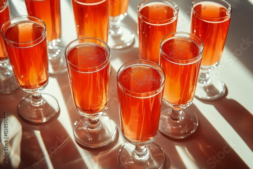 Colorful drinks in elegant glasses arranged on a table with natural light
