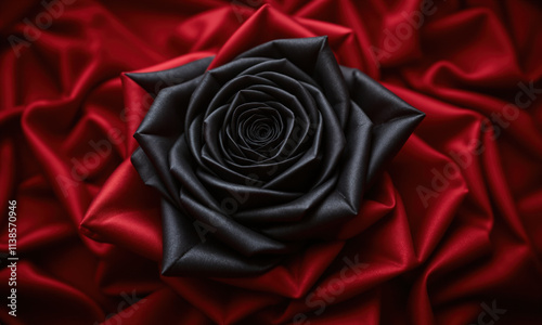 Black satin fabric sculpted into a rose Smooth, flowing black satin fabric twists and folds into the shape of photo