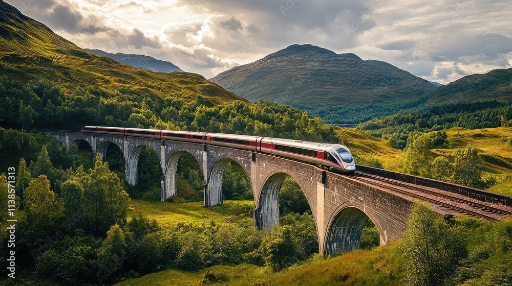 Fototapeta premium A high-speed train speeding across an arched bridge, with its sleek design and powerful movement contrasting against the peaceful landscape