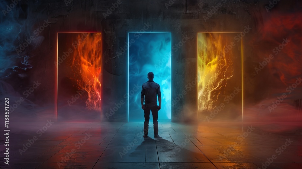 Fototapeta premium A male figure stands before three vibrant doors representing different elemental realms, creating an intense and mystical atmosphere.