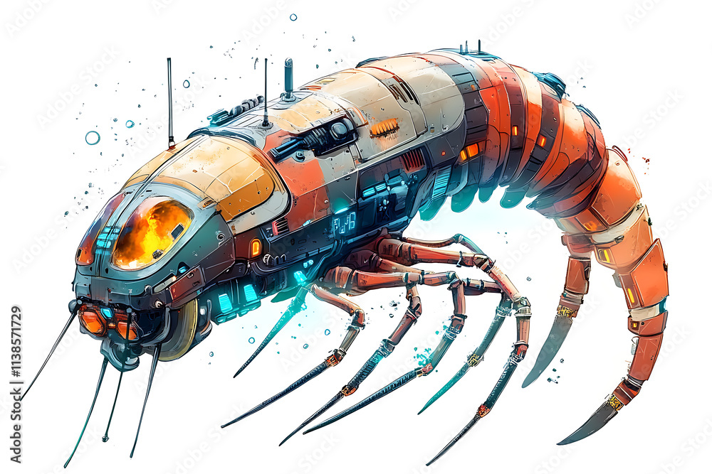 A futuristic, robotic creature resembling a segmented insect, equipped for exploration. A futuristic, robotic creature resembling a segmented insect, equipped for exploration.