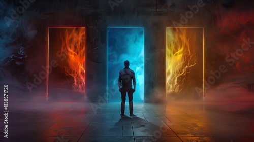 A male figure stands before three vibrant doors representing different elemental realms, creating an intense and mystical atmosphere. photo