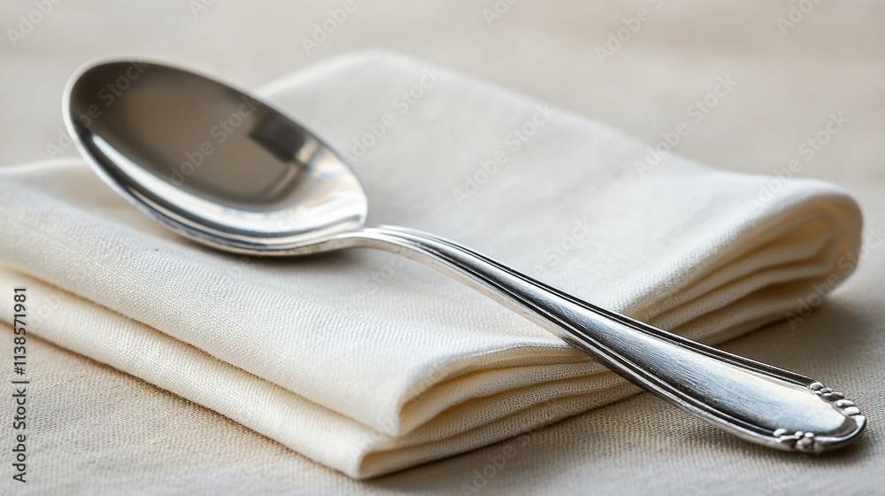 Polished silver spoon rests on folded napkin. Polished silver spoon rests on folded napkin.