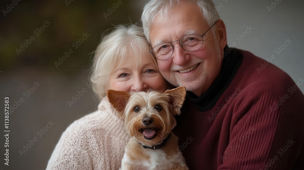 A senior couple smiling warmly while their small terrier sits proudly beside them.