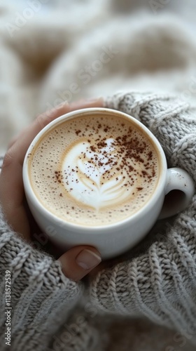 Warm cup of coffee with elegant latte art held in cozy hands indoors during afternoon