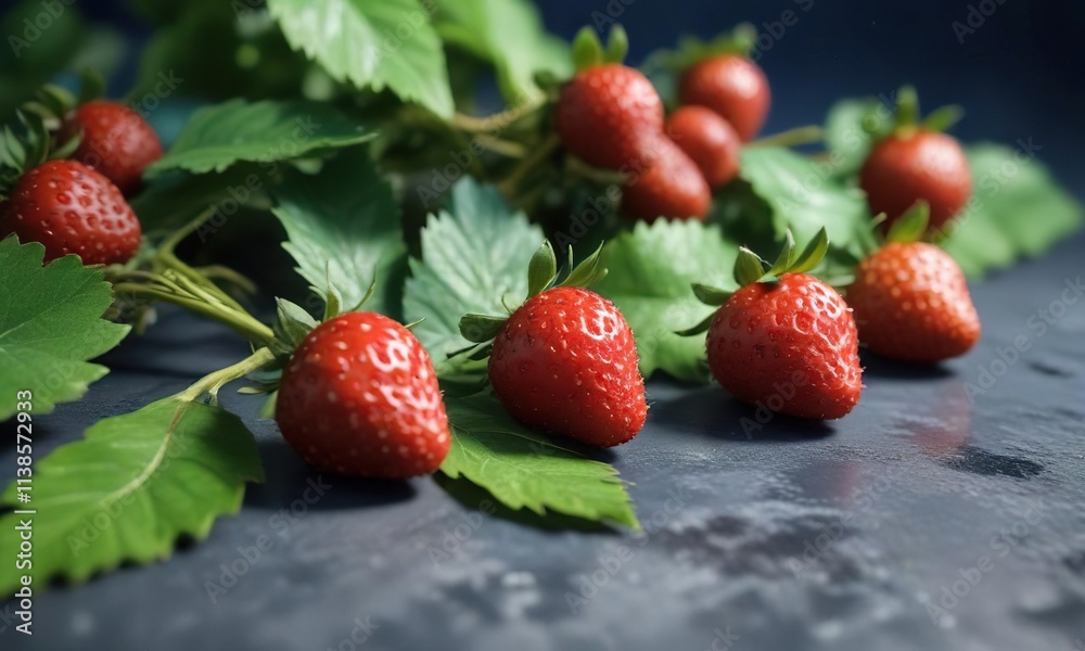 Erdbeere auf einem Blatt mit hellblauem Hintergrund und strunk, strunk, blatth Erdbeere auf einem Blatt mit hellblauem Hintergrund und strunk, strunk, blatth