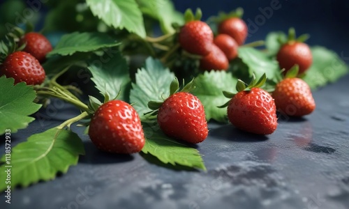 Erdbeere auf einem Blatt mit hellblauem Hintergrund und strunk, strunk, blatth photo