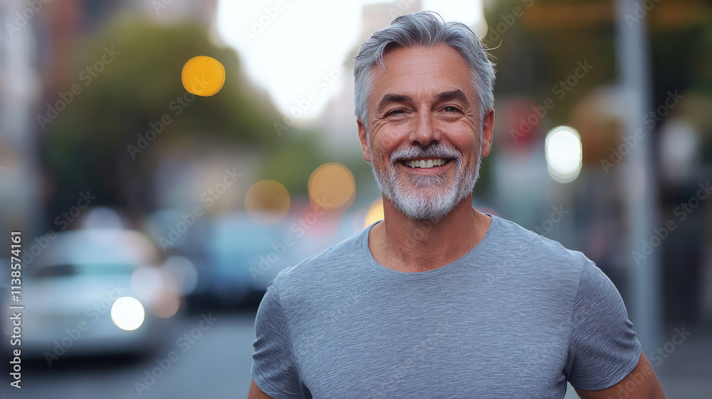 A smiling man with a gray beard is wearing a gray shirt A smiling man with a gray beard is wearing a gray shirt