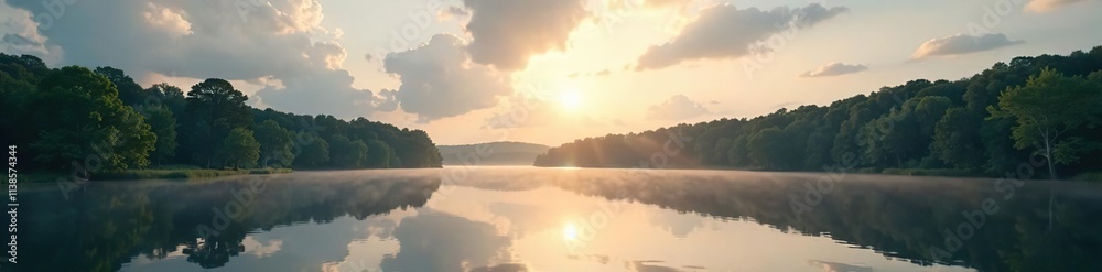 Fluffy white clouds are reflected in a tranquil lake as sun rises above the trees, white, fluffy, trees