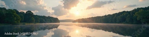 Fluffy white clouds are reflected in a tranquil lake as sun rises above the trees, white, fluffy, trees