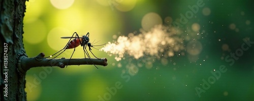 Fogged DDT spray killing mosquitoes on a branch, tree, DDT spray