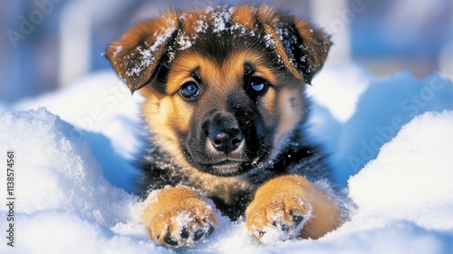 Playful GermanShepherd puppy in snowy landscape under soft light photo