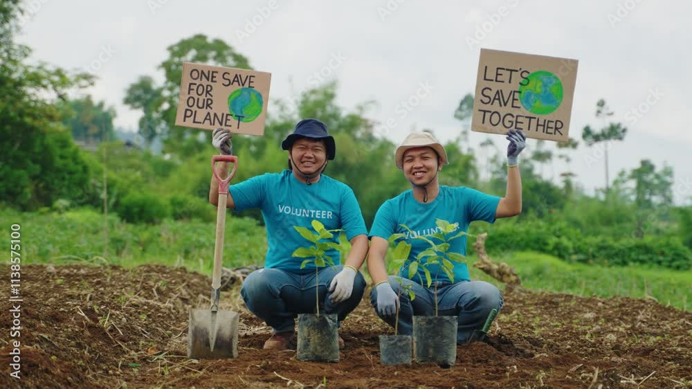 Two Young Volunteers Hold Save Earth Posters with Joy. Proud Faces of Activists Preparing for Tree Planting Campaigns. Environmental action, reforestation, climate care, green planet