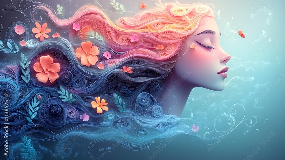 Surreal pastel quilling composition of a woman with floral patterns flowing outward like energy lines Surreal pastel quilling composition of a woman with floral patterns flowing outward like energy lines