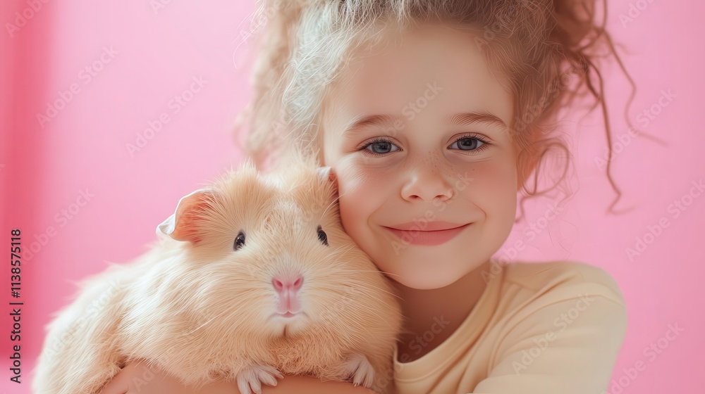 A cheerful child posing with a fluffy guinea pig under bright, vibrant lights. A cheerful child posing with a fluffy guinea pig under bright, vibrant lights.
