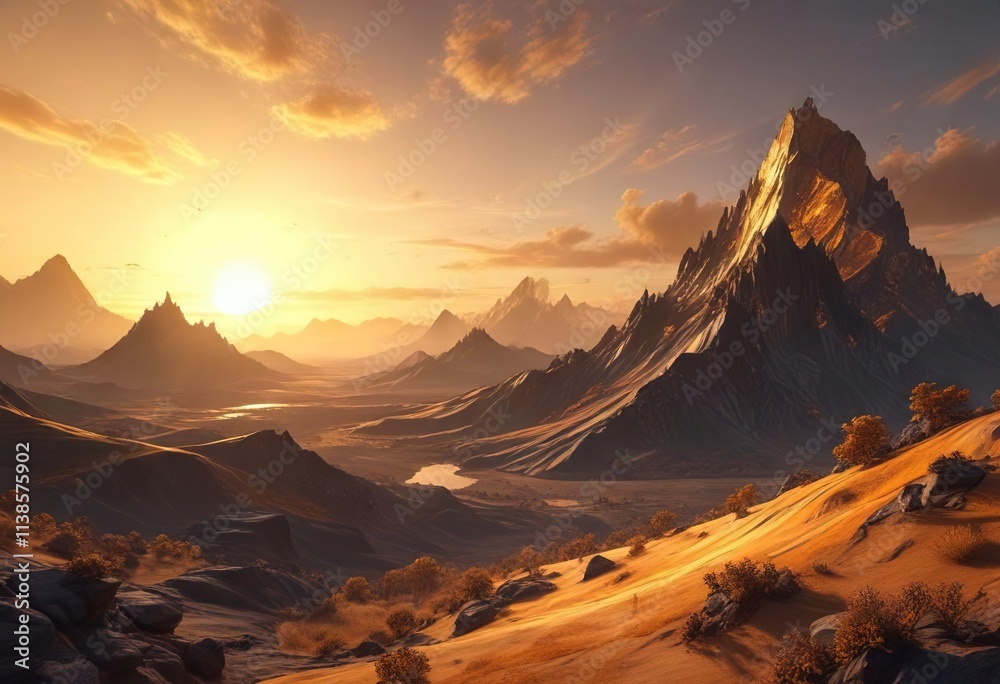 Fototapeta premium Fractal landscape with charcoal and golden light , brown, golden